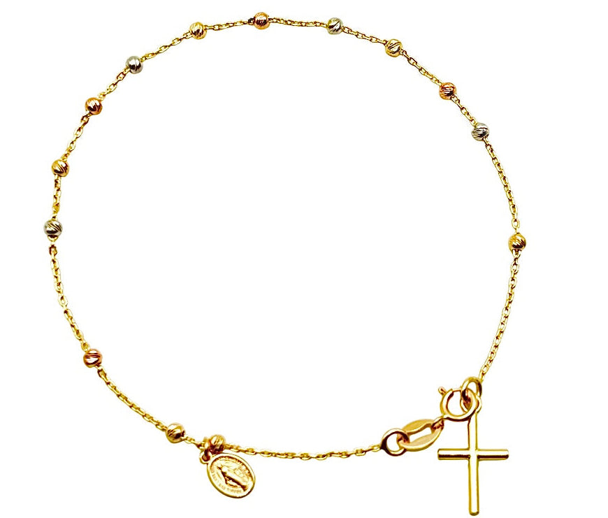 18K TRI-COLOR GOLD BEADED ROSARY BRACELET - HANDMADE IN ITALY